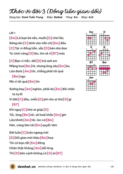 Hợp âm Khóc vì đời 3 (Đồng tiền gian dối) (Danh Tuấn Trung) – bản nhạc PDF trang 1, tông Em