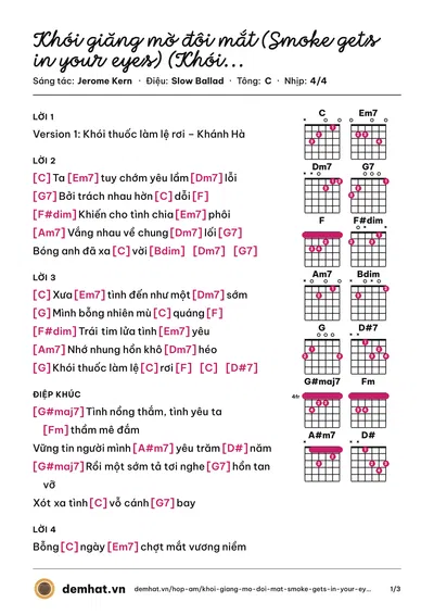 Hợp âm Khói giăng mờ đôi mắt (Smoke gets in your eyes) (Khói thuốc làm lệ rơi) (Jerome Kern) – bản nhạc PDF trang 1, tông C