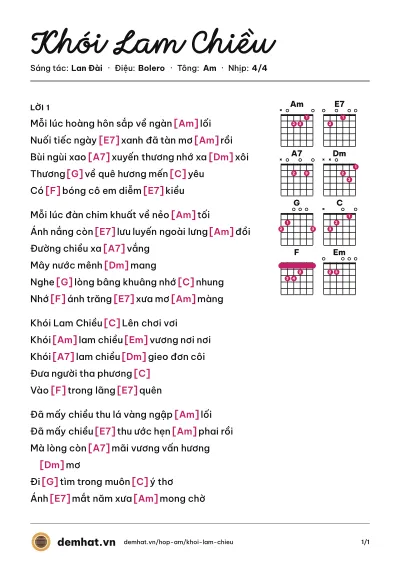 Hợp âm Khói Lam Chiều (Mai Thiên Vân) – bản nhạc PDF trang 1, tông Am