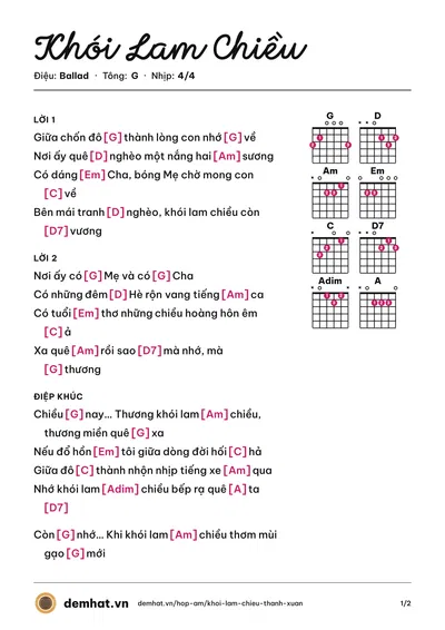 Hợp âm Khói Lam Chiều (Thanh Xuân) – bản nhạc PDF trang 1, tông G