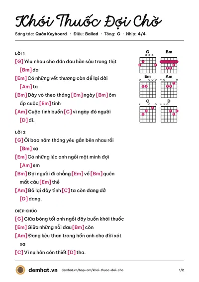 Hợp âm Khói Thuốc Đợi Chờ (Jimmii Nguyễn) – bản nhạc PDF trang 1, tông G