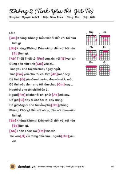 Hợp âm Không 2 (Tình Yêu Ơi! Giã Từ) (Elvis Phương) – bản nhạc PDF trang 1, tông Cm
