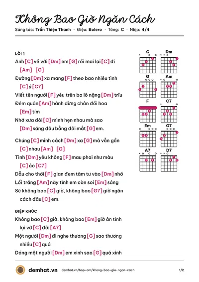 Hợp âm Không Bao Giờ Ngăn Cách (Quang Lê) – bản nhạc PDF trang 1, tông C