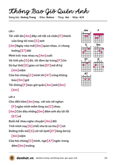 Hợp âm Không Bao Giờ Quên Anh (Cẩm Ly) – bản nhạc PDF trang 1, tông Am