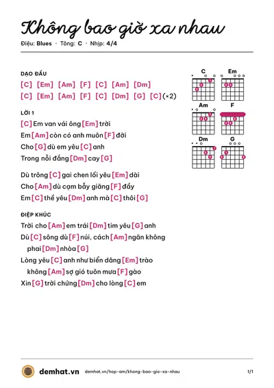 Hợp âm Không bao giờ xa nhau – bản nhạc PDF trang 1, tông C