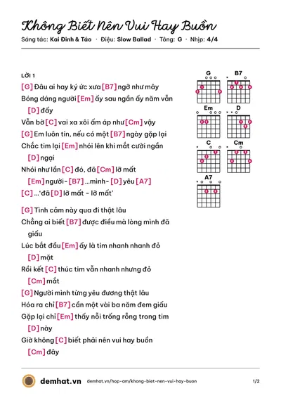 Hợp âm Không Biết Nên Vui Hay Buồn (Bảo Anh) – bản nhạc PDF trang 1, tông G