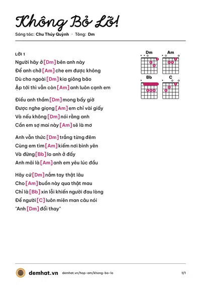 Hợp âm Không Bỏ Lỡ! (Chu Thúy Quỳnh) – bản nhạc PDF trang 1, tông Dm