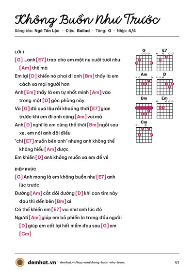 Hợp âm Không Buồn Như Trước (ANDREWNG) – bản nhạc PDF trang 1, tông G