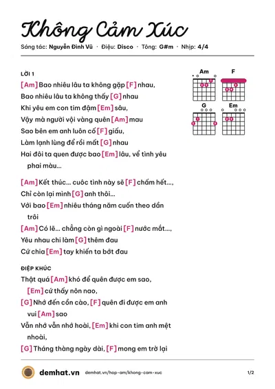 Hợp âm Không Cảm Xúc (Hồ Quang Hiếu) – bản nhạc PDF trang 1, tông G#m
