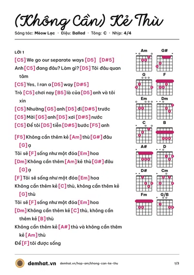 Hợp âm (Không Cần) Kẻ Thù (Mèow Lạc) – bản nhạc PDF trang 1, tông C