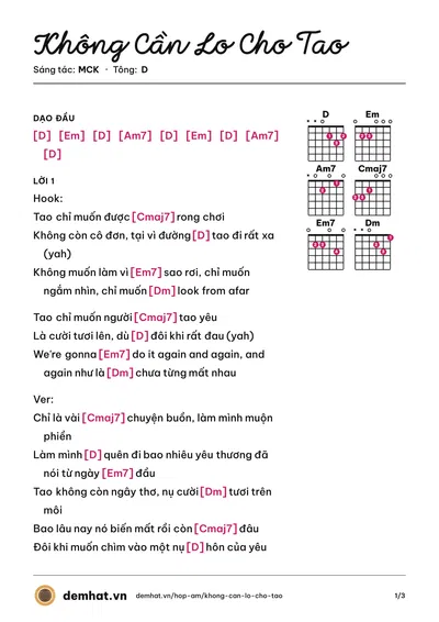 Hợp âm Không Cần Lo Cho Tao (MCK) – bản nhạc PDF trang 1, tông D