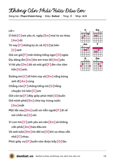 Hợp âm Không Cần Phải Hứa Đâu Em (Phạm Khánh Hưng) – bản nhạc PDF trang 1, tông C