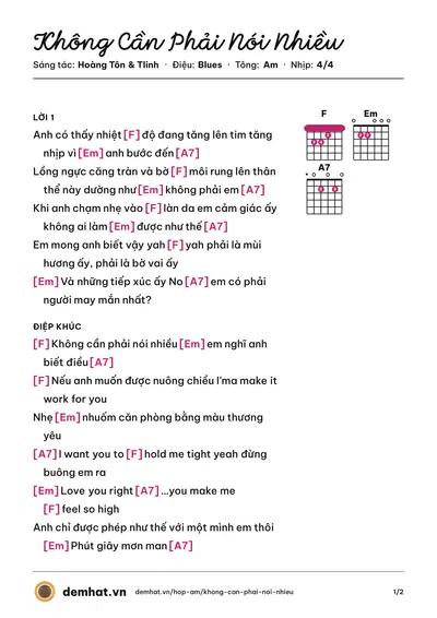 Hợp âm Không Cần Phải Nói Nhiều (Tlinh) – bản nhạc PDF trang 1, tông Am