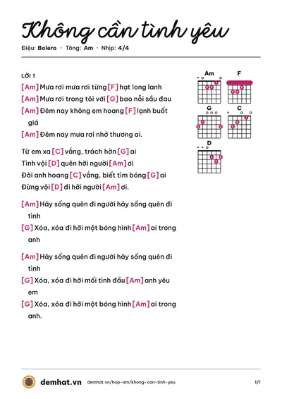 Hợp âm Không cần tình yêu – bản nhạc PDF trang 1, tông Am