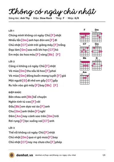 Hợp âm Không có ngày chủ nhật (Anh Thy) – bản nhạc PDF trang 1, tông F