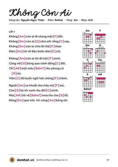 Hợp âm Không Còn Ai (Đan Trường) – bản nhạc PDF trang 1, tông Am
