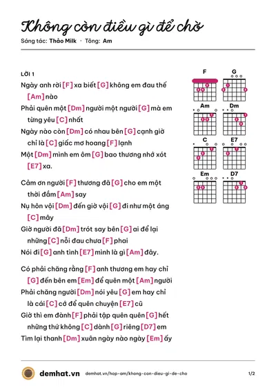 Hợp âm Không còn điều gì để chờ (Thảo Milk) – bản nhạc PDF trang 1, tông Am