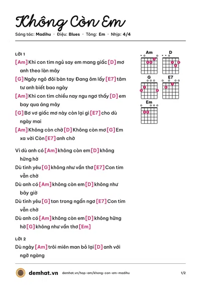 Hợp âm Không Còn Em (Madihu) – bản nhạc PDF trang 1, tông Em