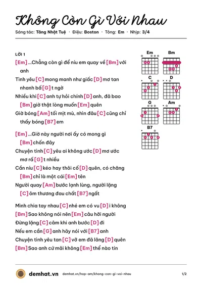 Hợp âm Không Còn Gì Với Nhau (Nam Hee) – bản nhạc PDF trang 1, tông Em