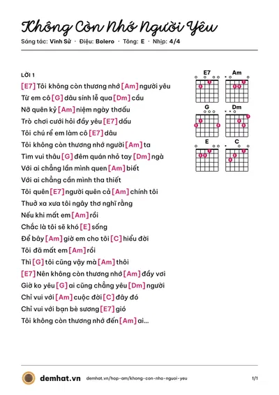 Hợp âm Không Còn Nhớ Người Yêu (Trường Vũ) – bản nhạc PDF trang 1, tông E