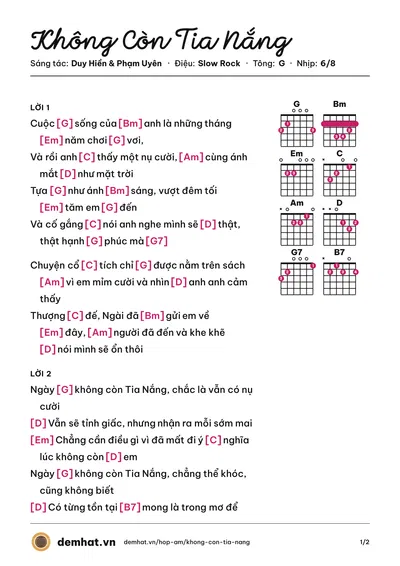 Hợp âm Không Còn Tia Nắng (Hikari (Đoan Thảo)) – bản nhạc PDF trang 1, tông G