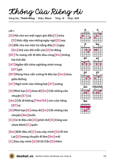 Hợp âm Không Của Riêng Ai (Hoang Ha Tran) – bản nhạc PDF trang 1, tông G