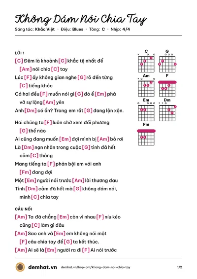 Hợp âm Không Dám Nói Chia Tay (Hà Nhi) – bản nhạc PDF trang 1, tông C