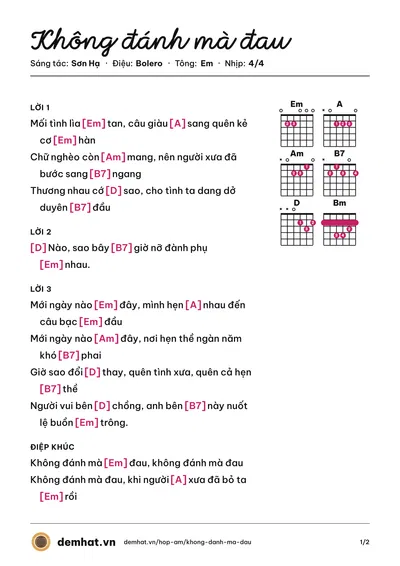 Hợp âm Không đánh mà đau (Dương Ngọc Thái) – bản nhạc PDF trang 1, tông Em