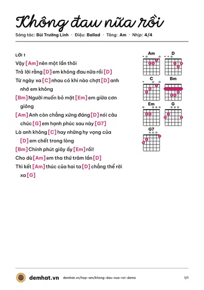 Hợp âm Không đau nữa rồi (Bùi Trường Linh) – bản nhạc PDF trang 1, tông Am