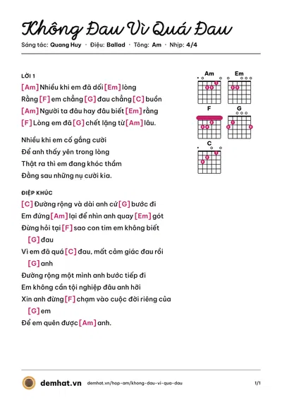Hợp âm Không Đau Vì Quá Đau (Phạm Quỳnh Anh) – bản nhạc PDF trang 1, tông Am