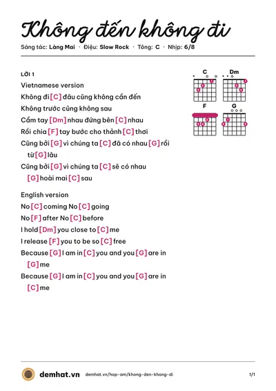 Hợp âm Không đến không đi (Làng Mai) – bản nhạc PDF trang 1, tông C