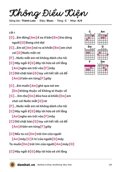 Hợp âm Không Điều Kiện (Cá Hồi Hoang) – bản nhạc PDF trang 1, tông C