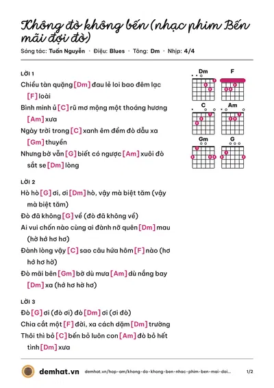 Hợp âm Không đò không bến (nhạc phim Bến mãi đợi đò) (Tuấn Nguyễn) – bản nhạc PDF trang 1, tông Dm