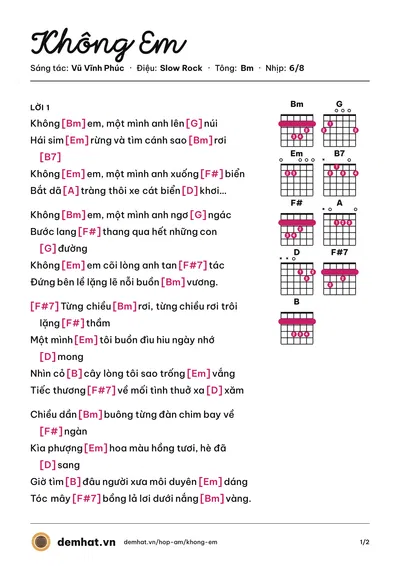 Hợp âm Không Em (Sơn Túi Đỏ) – bản nhạc PDF trang 1, tông Bm