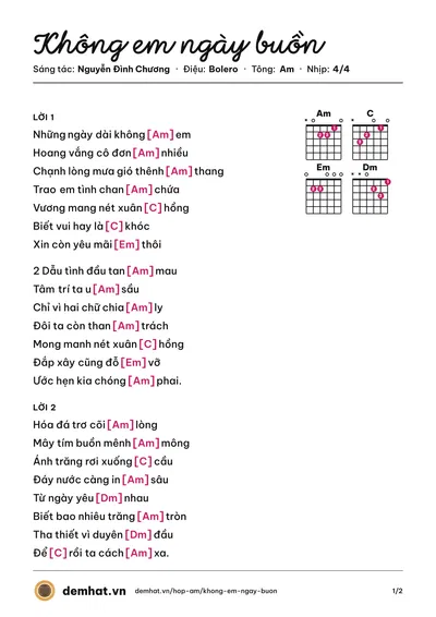 Hợp âm Không em ngày buồn (Nguyễn Đình Chương) – bản nhạc PDF trang 1, tông Am