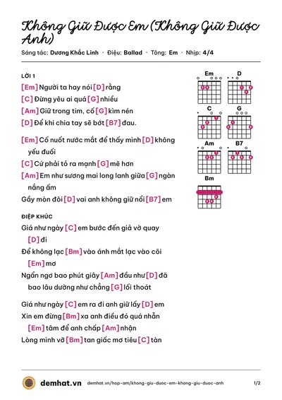 Hợp âm Không Giữ Được Em (Không Giữ Được Anh) (Ali Hoàng Dương) – bản nhạc PDF trang 1, tông Em