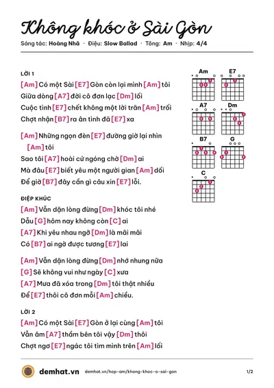 Hợp âm Không khóc ở Sài Gòn (Lân Nhã) – bản nhạc PDF trang 1, tông Am