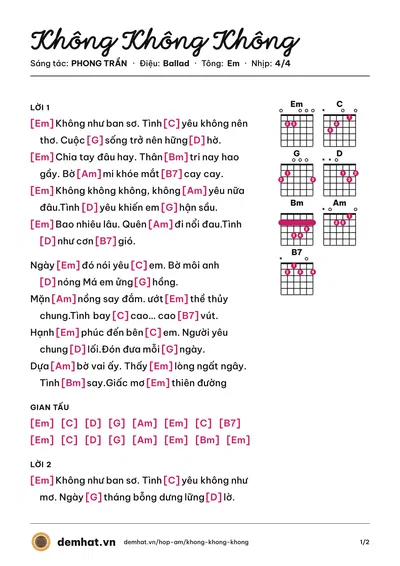 Hợp âm Không Không Không (Quốc Nam) – bản nhạc PDF trang 1, tông Em