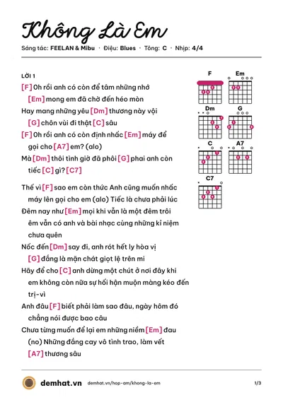 Hợp âm Không Là Em (FEELAN) – bản nhạc PDF trang 1, tông C