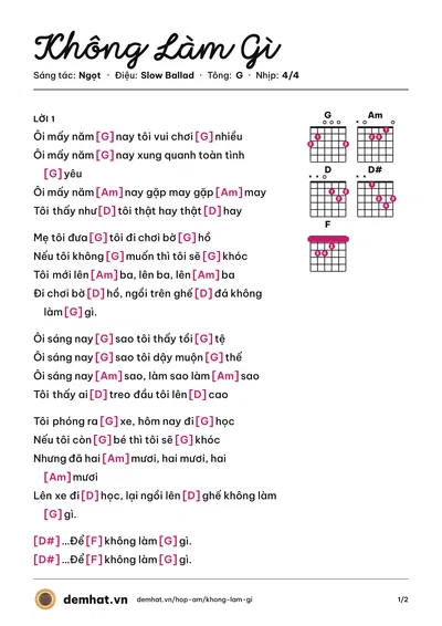 Hợp âm Không Làm Gì (Ban nhạc Ngọt) – bản nhạc PDF trang 1, tông G