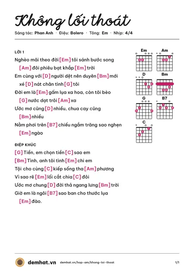 Hợp âm Không lối thoát (Đạt Võ) – bản nhạc PDF trang 1, tông Em