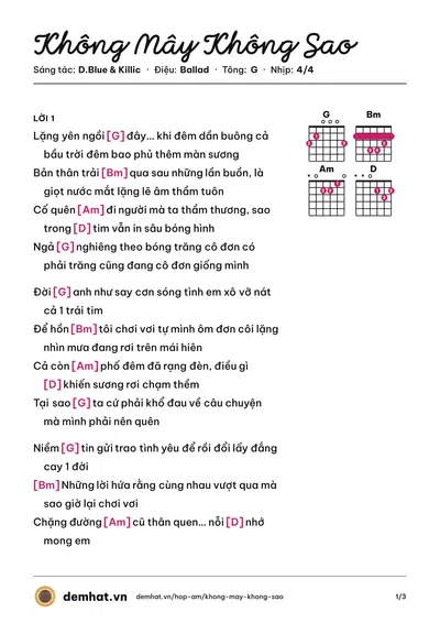 Hợp âm Không Mây Không Sao (D.Blue) – bản nhạc PDF trang 1, tông G