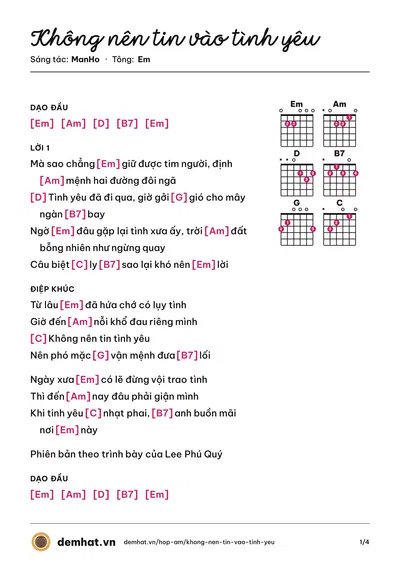 Hợp âm Không nên tin vào tình yêu (Lý Thuyết Ca) – bản nhạc PDF trang 1, tông Em