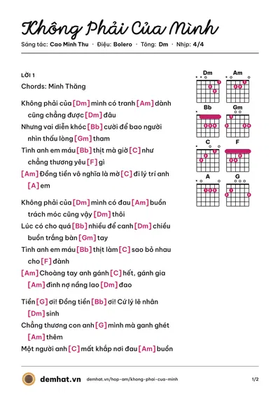 Hợp âm Không Phải Của Mình (Quách Tuấn Du) – bản nhạc PDF trang 1, tông Dm