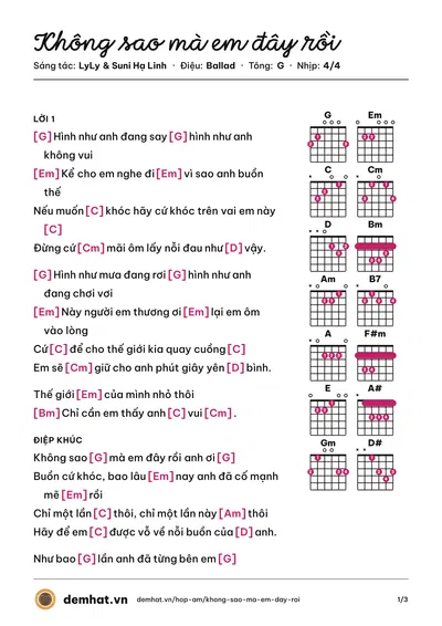 Hợp âm Không sao mà em đây rồi (Suni Hạ Linh) – bản nhạc PDF trang 1, tông G