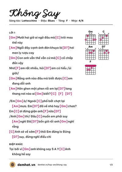 Hợp âm Không Say (Cáu) – bản nhạc PDF trang 1, tông F