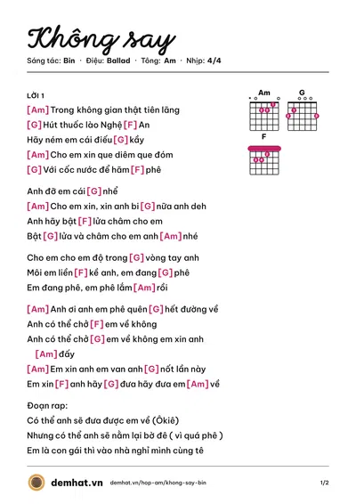 Hợp âm Không say (Bin) – bản nhạc PDF trang 1, tông Am