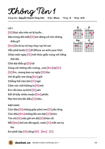 Hợp âm Không Tên 1 (TooNy) – bản nhạc PDF trang 1, tông G