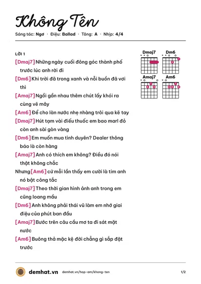 Hợp âm Không Tên (Ngơ) – bản nhạc PDF trang 1, tông A