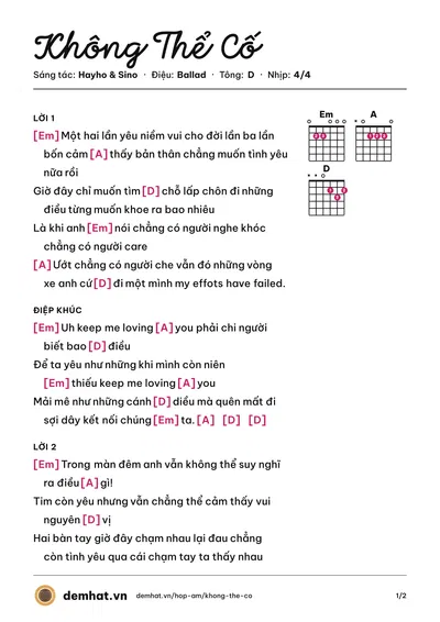 Hợp âm Không Thể Cố (Sino) – bản nhạc PDF trang 1, tông D